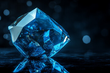 A close-up of a sparkling blue diamond on a reflective surface against a dark background.