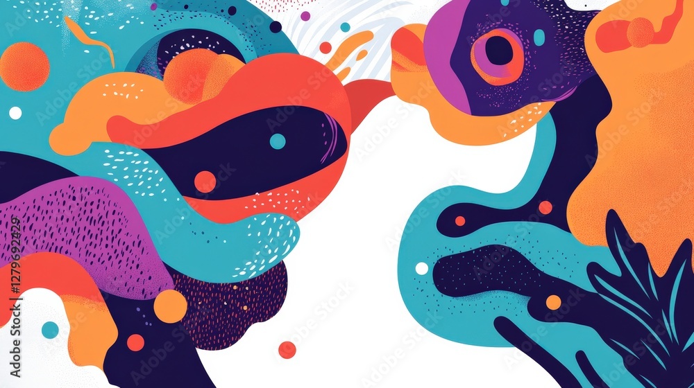Poster vibrant abstract illustration of colorful shapes and patterns interacting in a dynamic scene