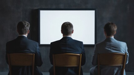 Obraz premium Professionals engaged in a presentation while seated in a dark room with a blank screen