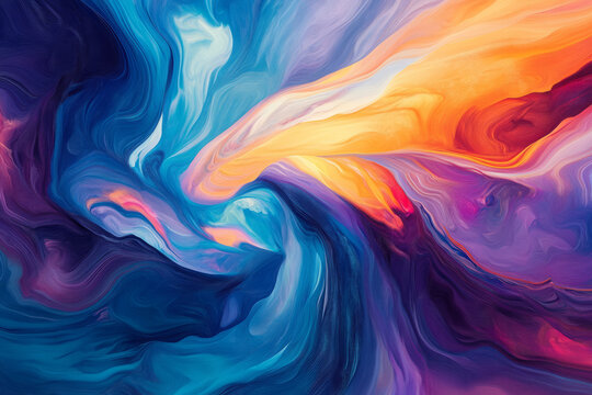 A mesmerizing digital painting of fluid, swirling colors that blend seamlessly into one another, creating an abstract, dreamlike effect. The combination of vibrant blues, purples, and oranges gives it