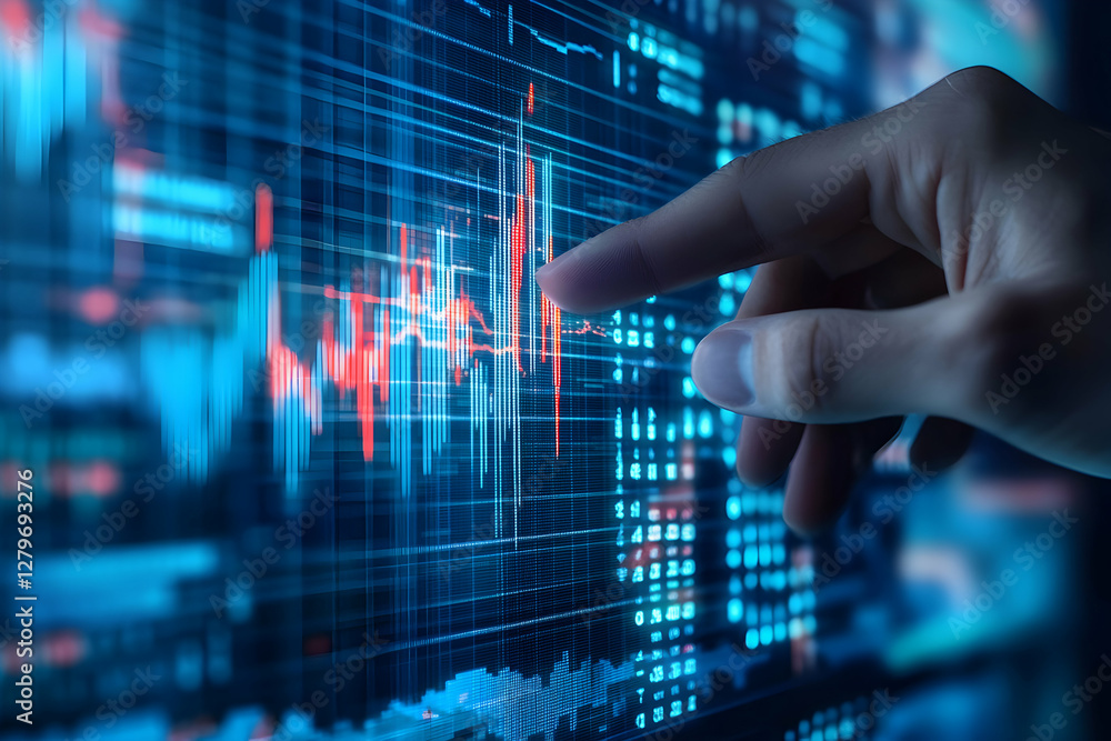 Poster analyzing financial data on screen, a deep dive into stock market trends and investment strategies w