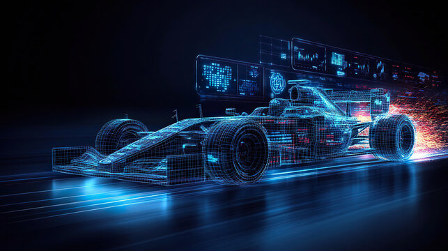 Holographic Formula 1 car with futuristic digital interface in an advanced technology environment. Generated with AI.