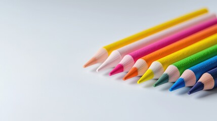 Naklejka premium Colorful pencils arranged on white background, art supplies, creativity