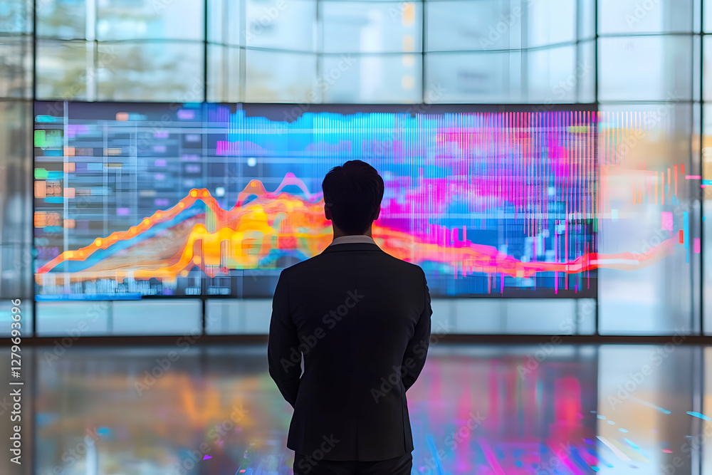 Poster analyzing market trends, businessman examining financial data on large display, navigating business 