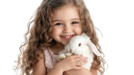 A young girl with long curly hair, wearing a soft pink dress, happily cradling a fluffy bunny in her arms, isolated on a white background