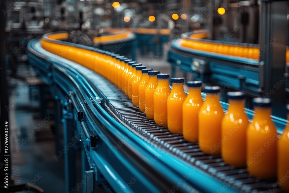 Poster orange juice bottles moving along a modern automated production line in a factory. close-up view emp
