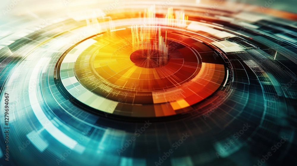 Poster abstract digital design featuring vibrant circular patterns and glowing elements in motion