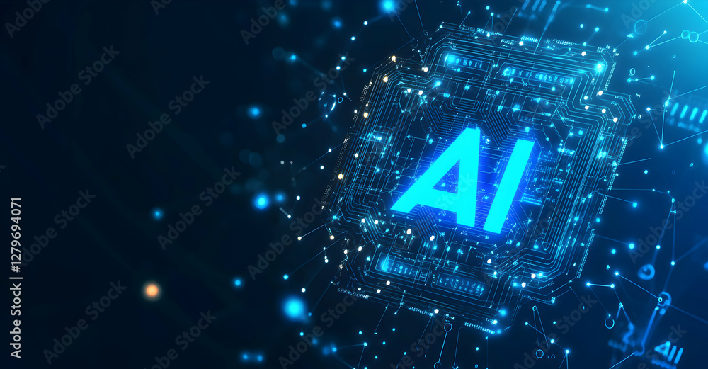 Poster artificial intelligence concept, glowing ai symbol integrated into circuit board represents the futu