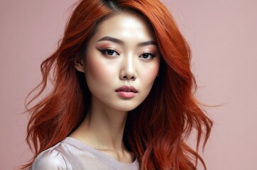 Fototapeta premium Beautiful confident photo model showcases vibrant makeup against a pastel color background in a studio setting, people and skincare, fashion theme concept. 