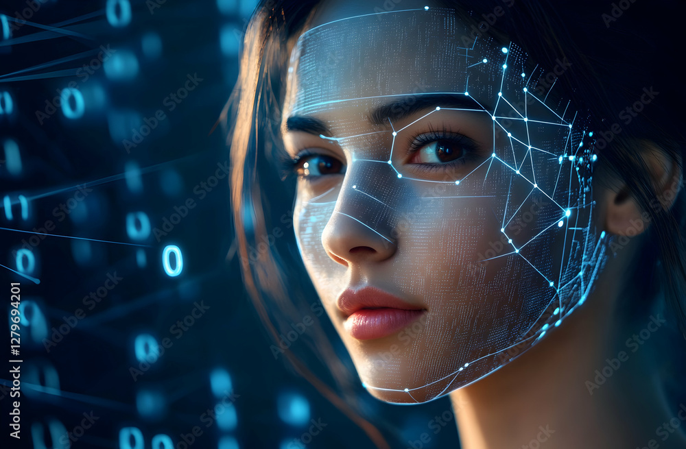 Poster artificial intelligence interface, a portrait of a woman with digital overlay representing advanced 