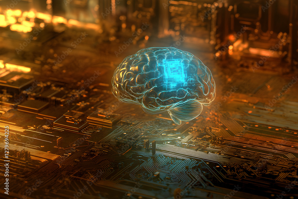 Poster artificial intelligence, a brain with a microchip on a motherboard, depicting future technology and 