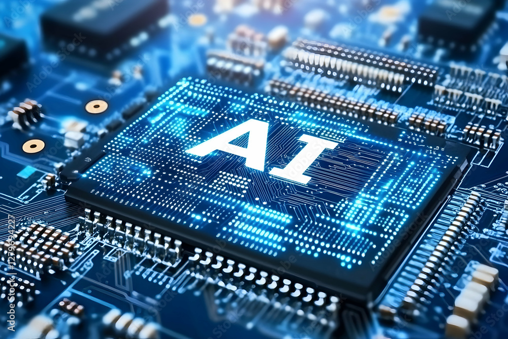 Poster artificial intelligence microchip, depicting the future of ai in hardware design and cutting-edge te
