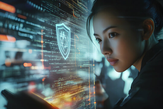 Asian female cybersecurity expert analyzing code with a digital shield overlay, highlighting data protection and digital security in a technological environment