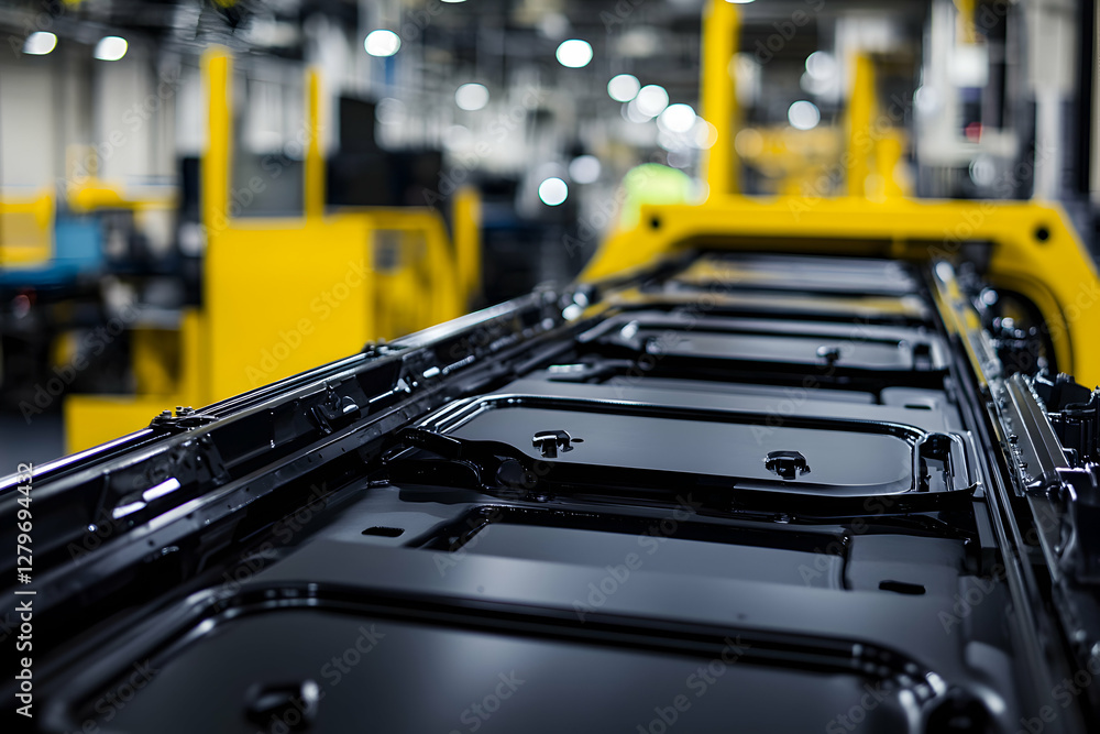 Poster automated car manufacturing, precision engineering and robotic assembly of vehicle body on the produ
