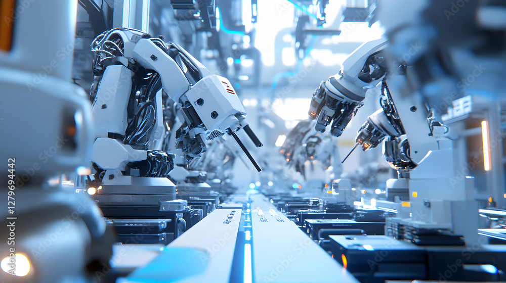 Poster automated assembly line with robotic arms performing intricate tasks, emphasizing precision and tech