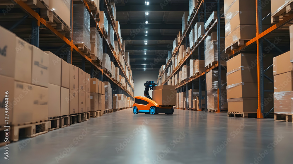 Poster automated guided vehicle carrying a cardboard box in a distribution warehouse showcasing efficiency 