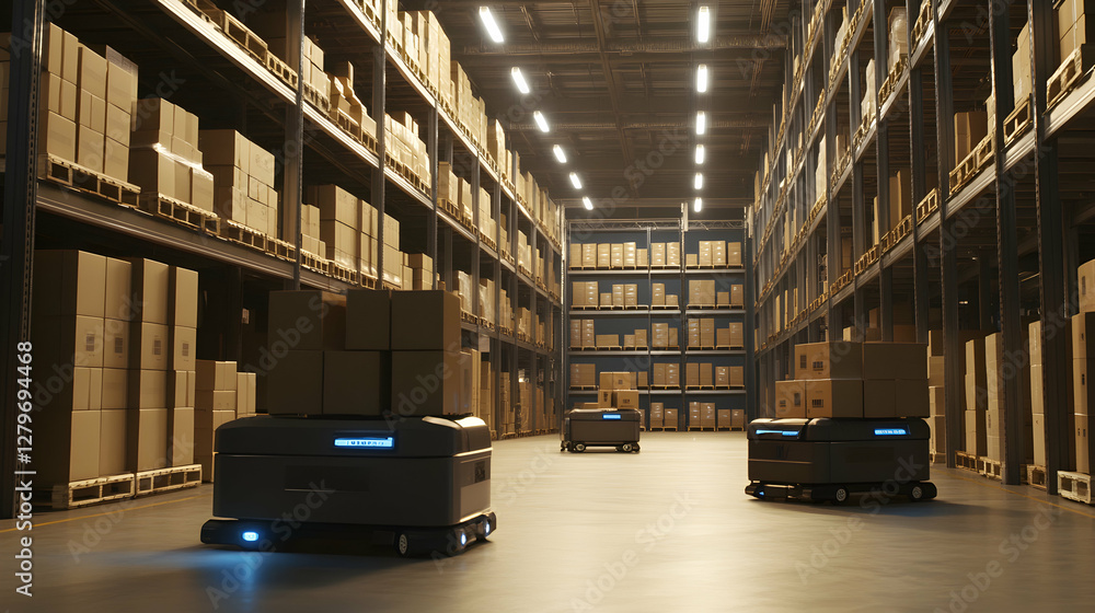 Poster automated efficiency, autonomous vehicles streamlining operations in a modern warehouse environment 