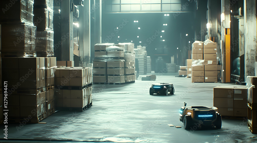 Poster automated efficiency, warehouse robots navigating a modern distribution center filled with stacked b