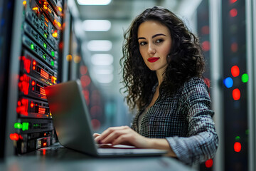 Attractive IT Professional Woman Working on Laptop in Data Center with Rows of Computer Servers, Emphasizing Modern Tech and Cybersecurity for Business Operations