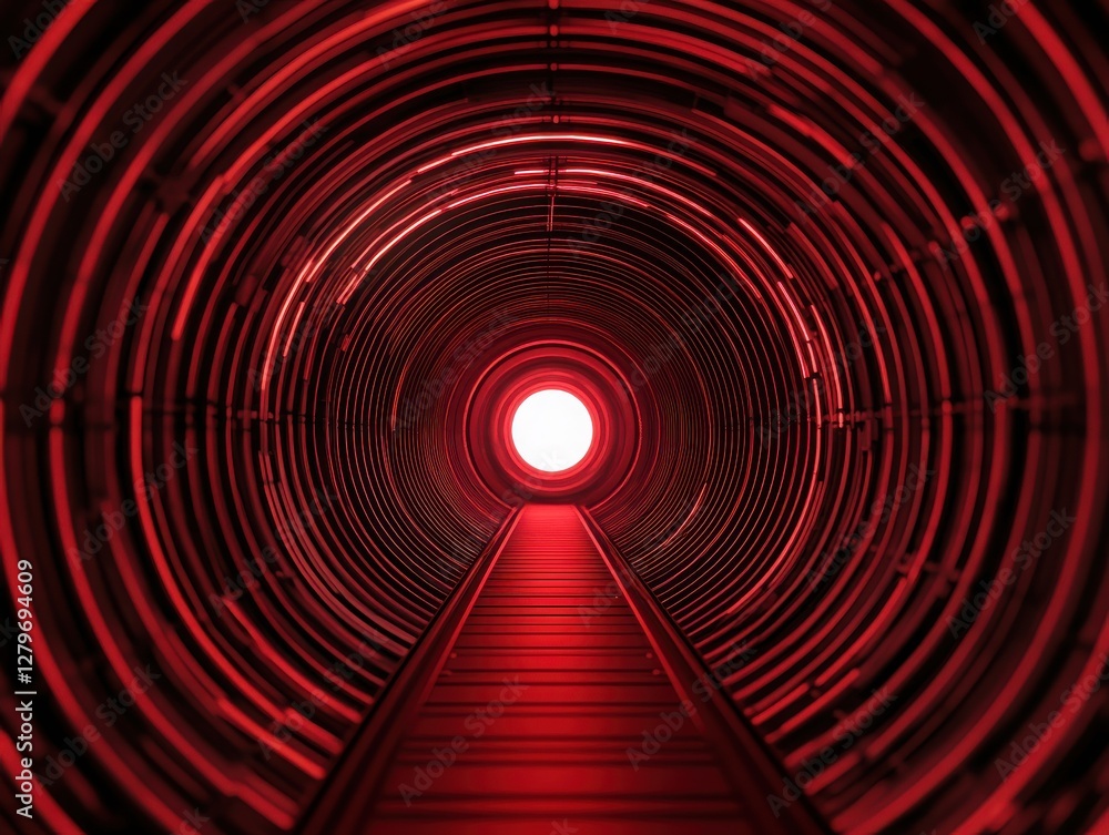 Poster a captivating view of a red circular tunnel leading to a bright light, symbolizing innovation and fu