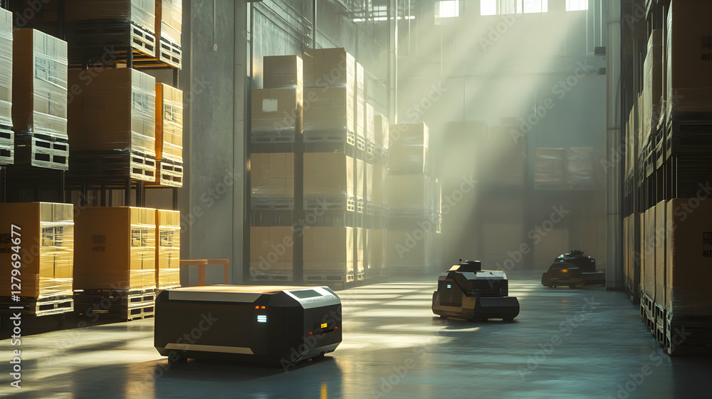 Poster automated logistics, autonomous vehicles moving inventory in a modern warehouse with optimized effic