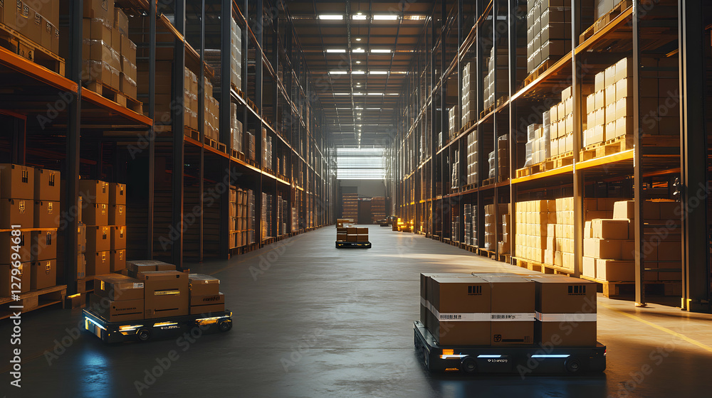 Poster automated logistics, autonomous robots transporting packages within a vast warehouse featuring rows 