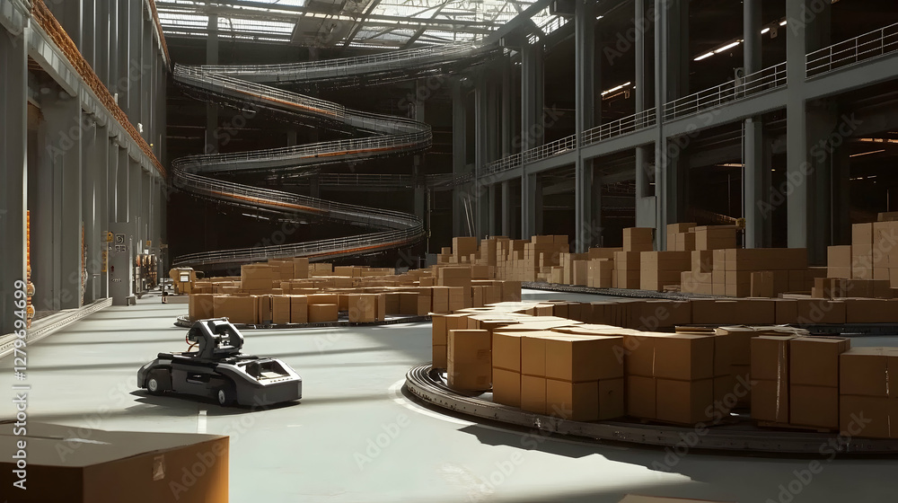 Poster automated logistics, robotic vehicle navigating a high-tech distribution center, streamlining packag