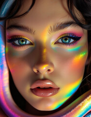 Stunning close-up portrait of beautiful woman girl face, snake eyes, rainbow velvet fabric, model fashion photo, makeup cosmetic advertisement template, soft glowing skin, face covered rainbow silk
