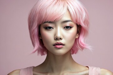 Naklejka premium Beautiful confident photo model showcases vibrant makeup against a pastel color background in a studio setting, people and skincare, fashion theme concept. 