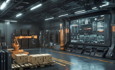 Automated industrial warehouse interior featuring robotic arm, cardboard boxes, large display screen and advanced monitoring systems providing efficient inventory management