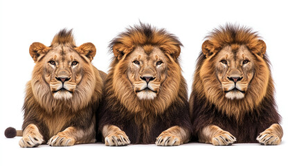 Collection of three male lions (portrait, standing, lying), animal bundle isolated on a white background .