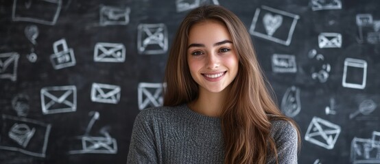 Smiling woman in casual sweater poses confidently against a chalkboard filled with sketches of envelopes and symbols