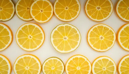 Obraz premium Sliced Citrus Fruits Displayed Across a White Background Perfectly