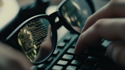 Close up of hands typing on a keyboard, reflected in glasses, with code and programming data visible, showcasing technology and digital concepts