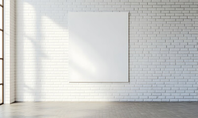 Bright, minimalist room interior with sunlight streaming in, featuring a blank white canvas on a textured brick wall, ideal for showcasing artwork or designs