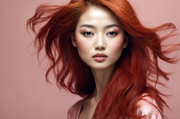 Naklejka premium Beautiful confident photo model showcases vibrant makeup against a pastel color background in a studio setting, people and skincare, fashion theme concept. 