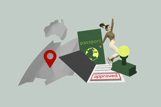 Composite sketch artwork 3D collage of global airport tourist travel vacation agency destination passport visa approved young lady happy - Powered by Adobe