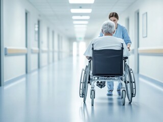 A compassionate healthcare worker assists a patient in a wheelchair through a modern hospital corridor, ensuring comfort and support.