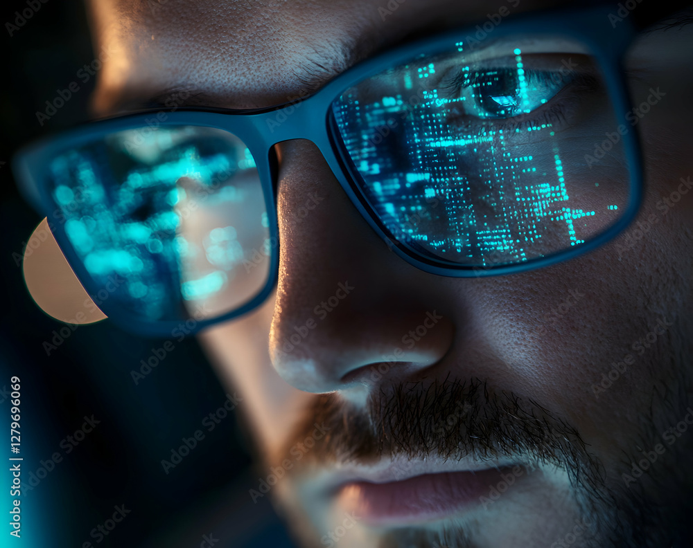 Poster close-up of a man with glasses reflecting digital data, exploring the intersection of humanity and t