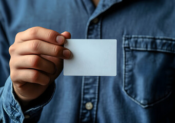 Obraz premium Close-up of a man holding a blank business card in front of his blue denim shirt, providing ample space for customization and branding opportunities in the corporate world