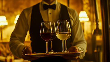 A waiter elegantly presents a tray of wine glasses filled with red and white wine in a warm, intimate setting, evoking luxury.