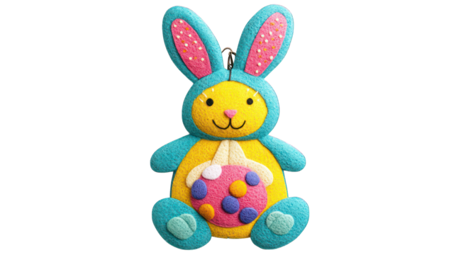An Easter bunny door hanger made of felt, vibrant colors, isolated on white
