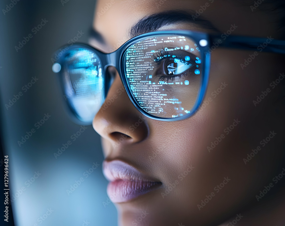 Poster close-up portrait of a focused female software developer with code reflected in glasses, deep in tho
