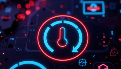 Glowing digital thermometer icon on a futuristic smart home interface. Concept of temperature control, home automation, and energy efficiency. This image can be used as a modern technology background