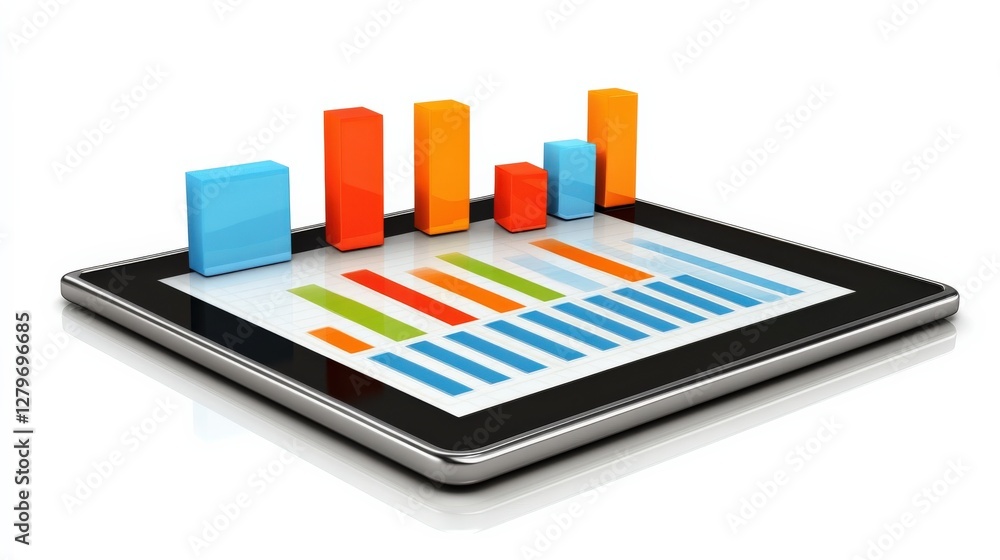 Poster colorful bar graphs displayed on a tablet screen, illustrating data analysis in a modern workspace