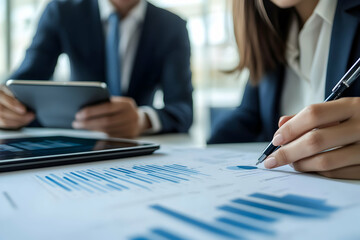 Collaborative Analysis, Business Professionals Reviewing Financial Data with Digital Tools and Strategic Planning for Growth and Success in Corporate Environment