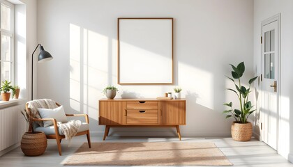 cozy scandinavian living room with empty frame mockup, natural elements