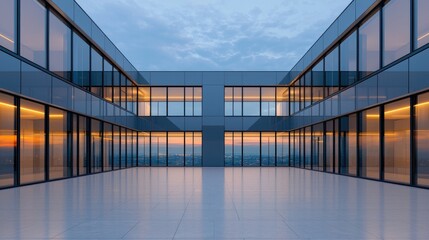 Fototapeta premium Modern city office courtyard at sunset, urban view