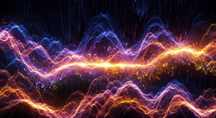 Electric Symphony: An abstract, vibrant visualization of dynamic energy pulses across a dark canvas. The scene, a symphony of light and form, hints at the underlying power of unseen forces. 