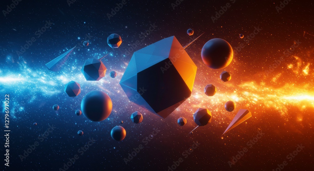 Poster celestial geometry: a captivating abstract composition where a central geometric shape is nestled am